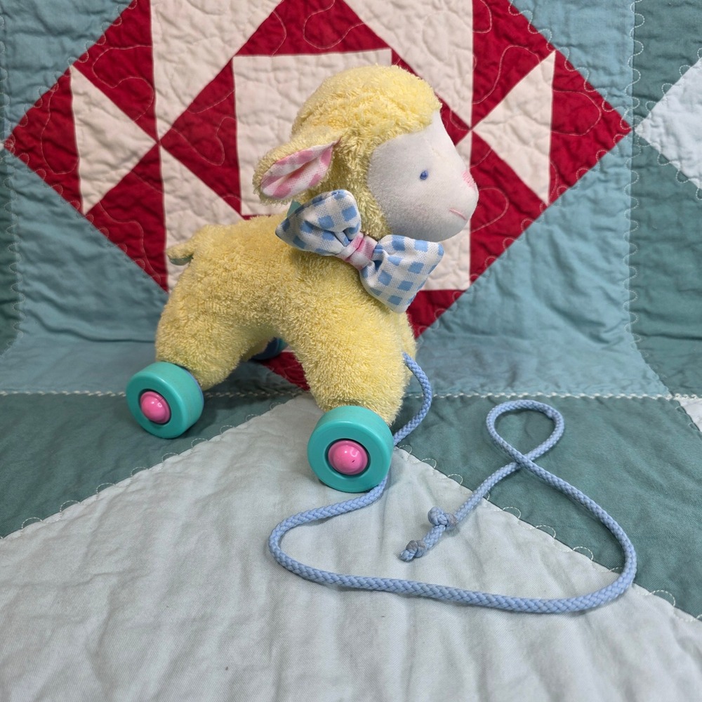 Vintage Eden Toys Yellow Plush Lamb Pull Toy Blue Gingham Bow Plastic Wheels